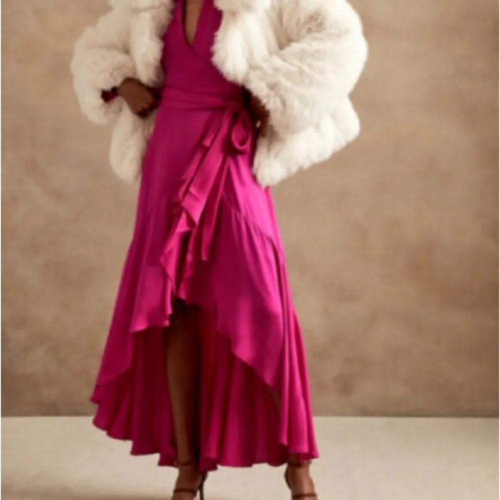 Banana Republic Pink Satin Ruffle Wrap Maxi Dress - Picture 2 of 8